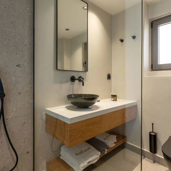 Junior Suite modern bathroom with glass shower with pebbled wall, a black toilet and black sink with a big mirror and  wooden vanity