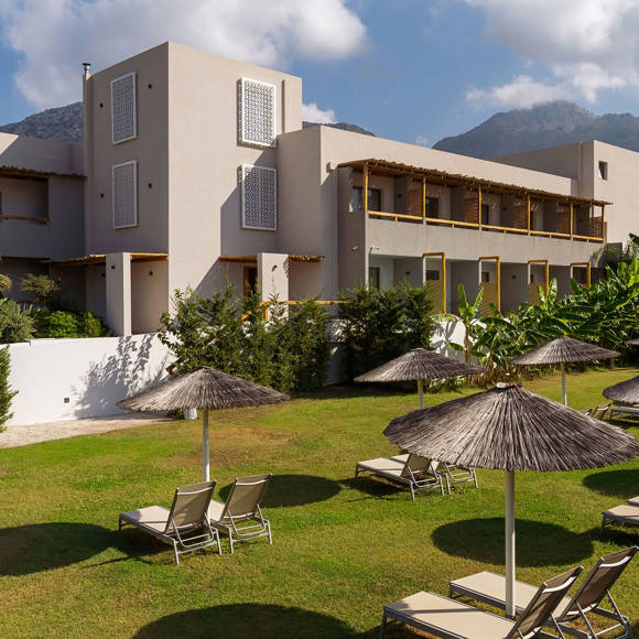 View of the garden area with sun loungers and thatched umbrellas