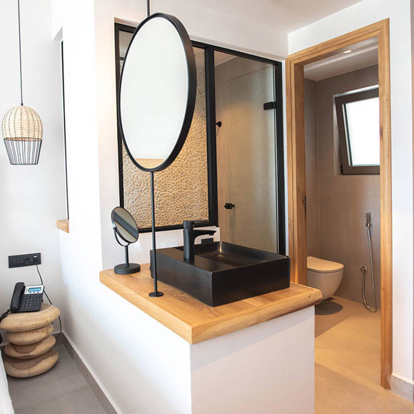 open bathroom area with black sink, round mirrors, a shower room with pebble wall and separate toilet