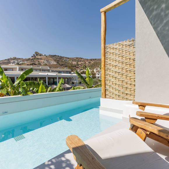 Pool with a pair of wooden sun loungers and a partial divider