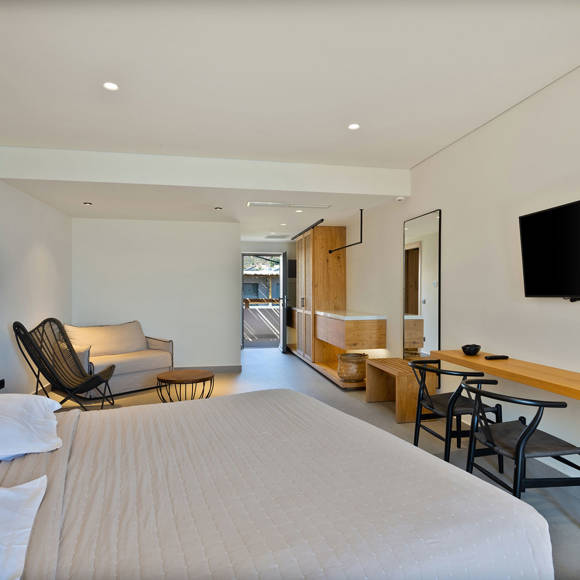 Junior suite with double bed, a sitting area, wall-mounted TV, wooden desk and modern minimalistic decor